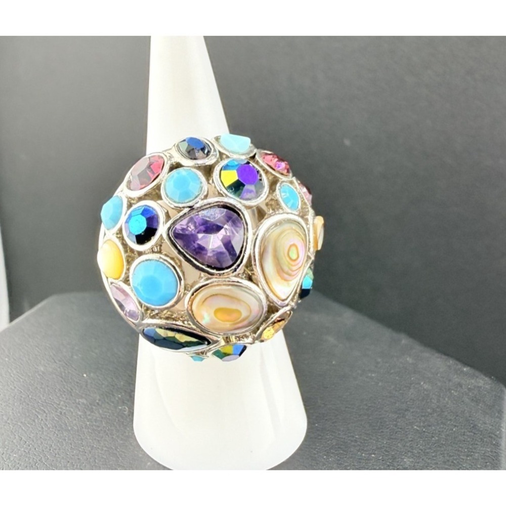 Lia Sophia Dome Cocktail Ring‎ Shell Rhinestone Silver Tone Size 6.75" Signed